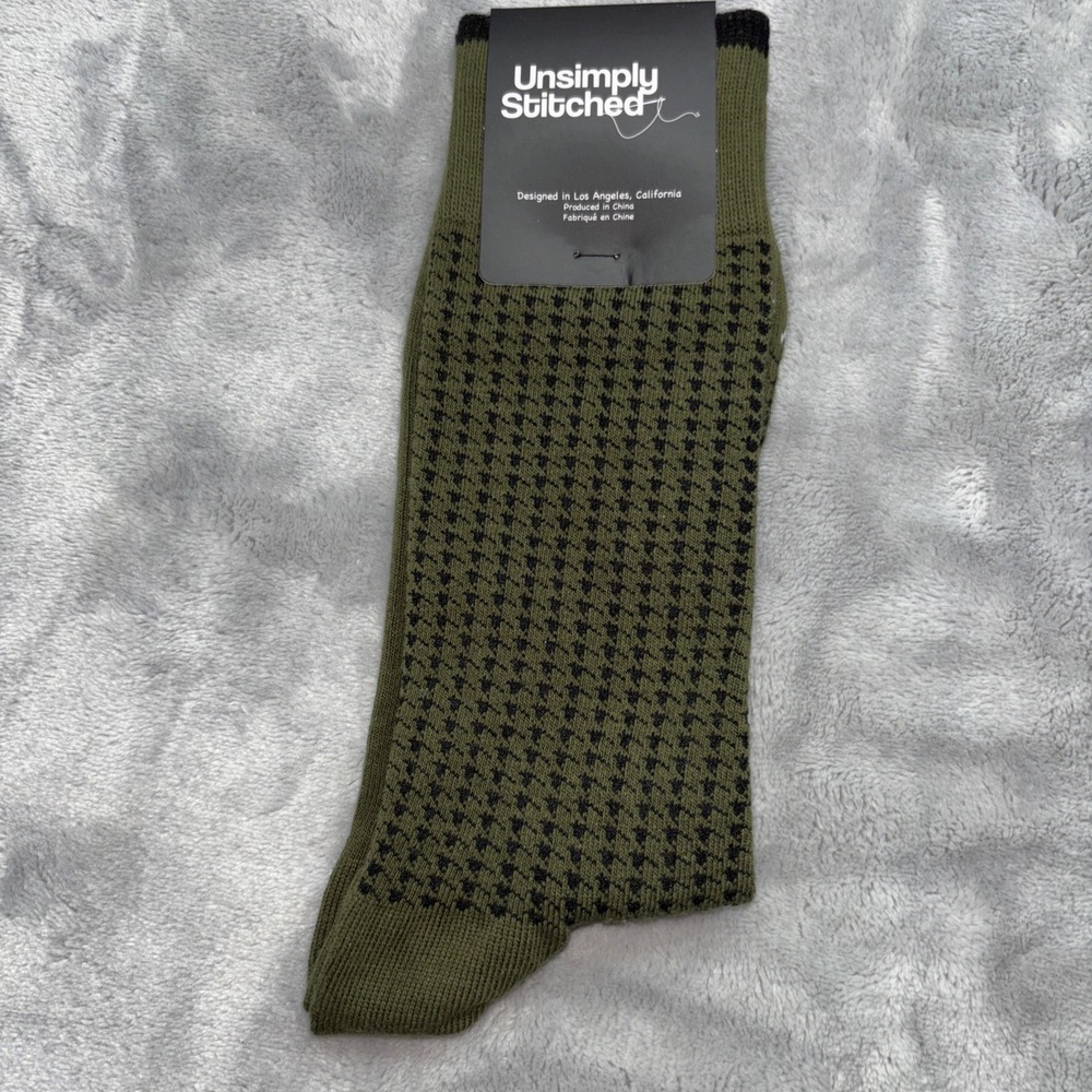 Unsimply Stitched Olive Green Black Houndstooth Crew Socks Men Size 8-13 NWT